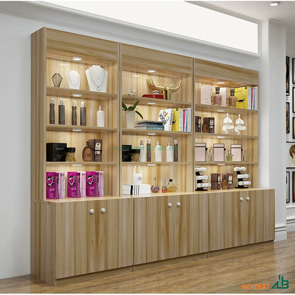Tủ trưng bày mỹ phẩm nâu vân gỗ TTB009