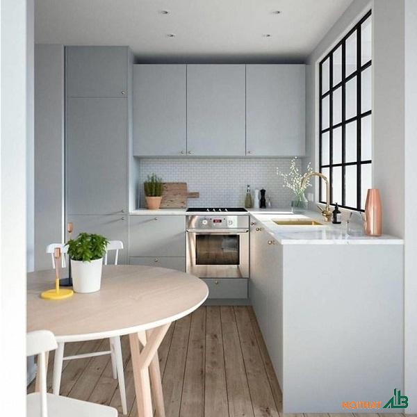 Tủ bếp chữ L đơn giản màu xanh TB016