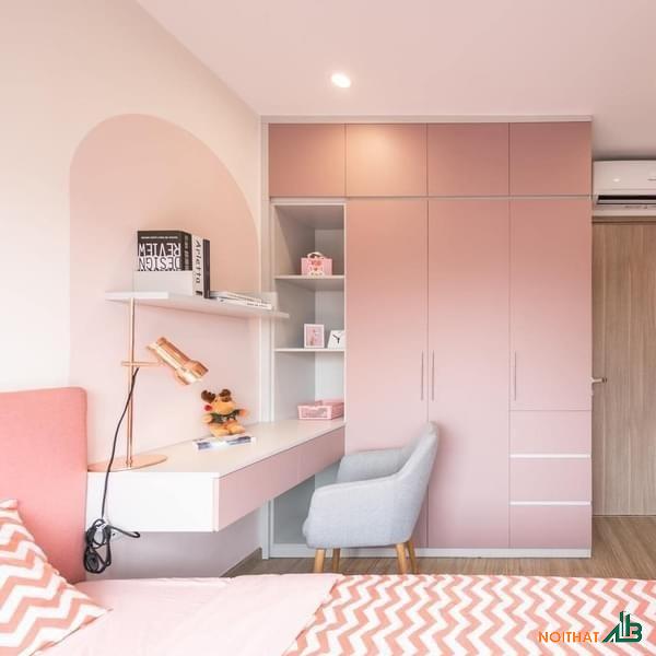 Tủ áo liền bàn học màu hồng dễ thương TQA108